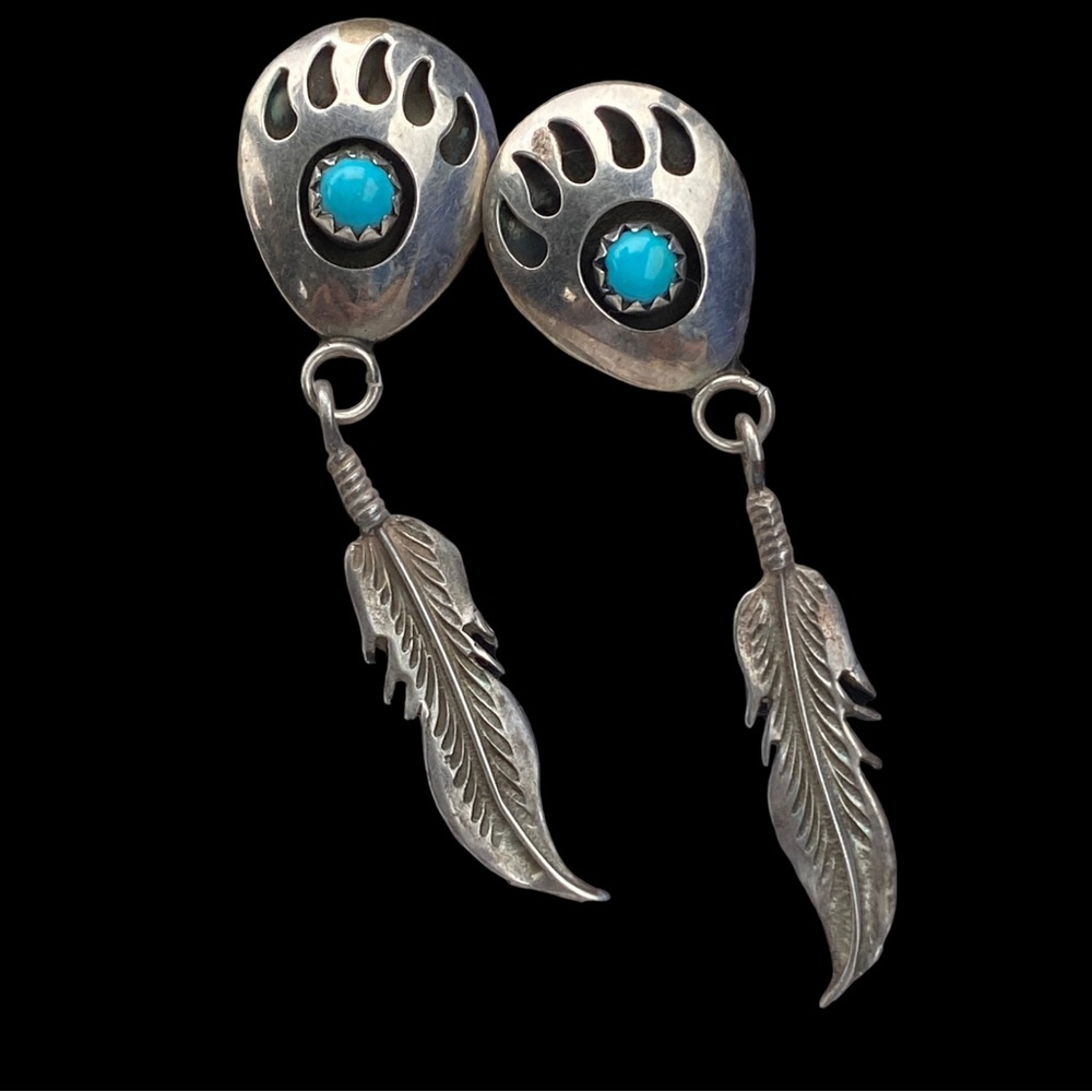Native American Sterling Silver Turquoise Bear Paw Feather Dangle Post Earrings